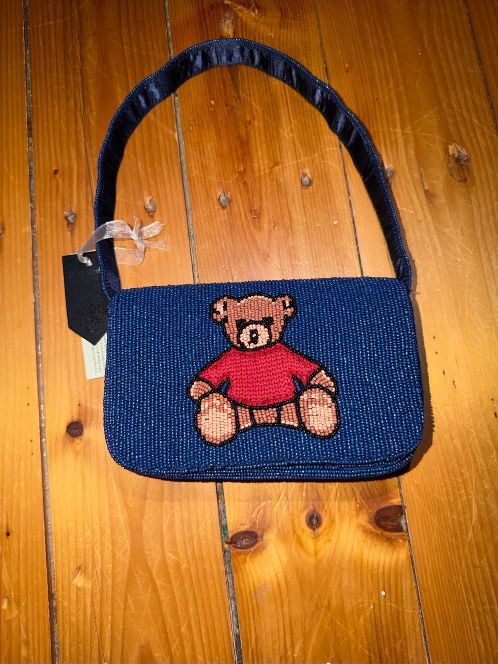 From India To You Beaded Bag Navy Shoulder Bag with Teddy Bear Appliqué NWT